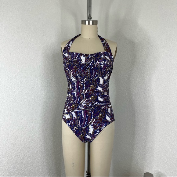 LANDS' END Convertible Wild Grape Paisley Halter Slender Swimsuit - Picture 1 of 9